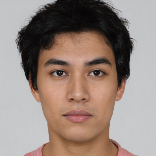 Neutral asian young-adult male with short  black hair and brown eyes