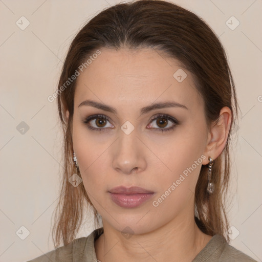 Neutral white young-adult female with medium  brown hair and brown eyes