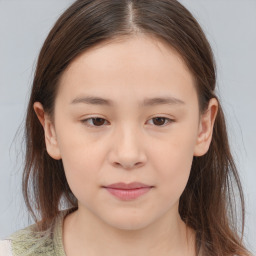 Joyful white child female with medium  brown hair and brown eyes