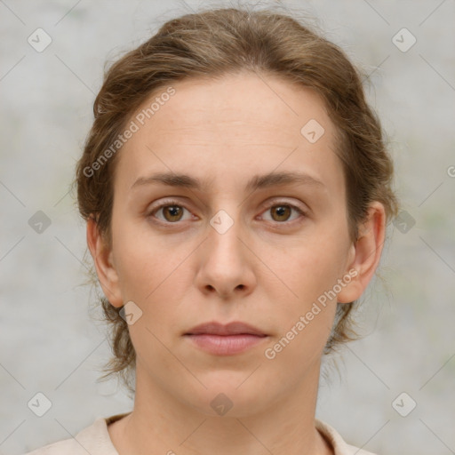 Neutral white young-adult female with medium  brown hair and brown eyes