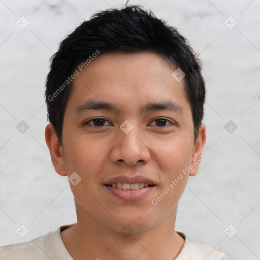 Joyful asian young-adult male with short  brown hair and brown eyes