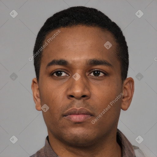 Neutral latino young-adult male with short  brown hair and brown eyes