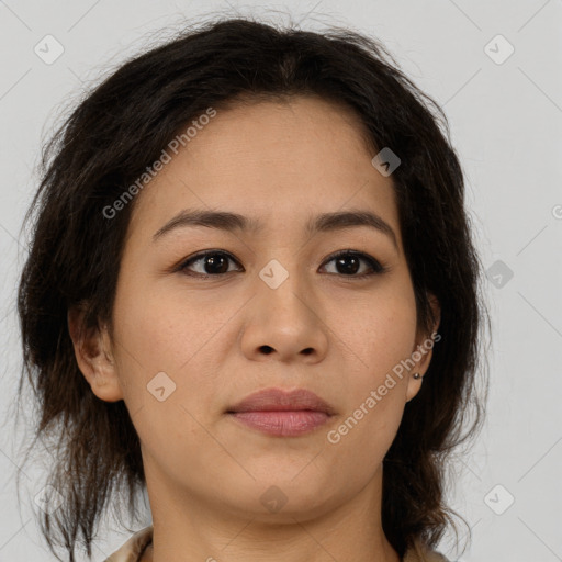 Neutral asian young-adult female with medium  brown hair and brown eyes