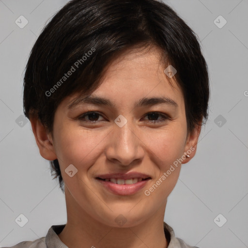 Joyful white young-adult female with short  brown hair and brown eyes