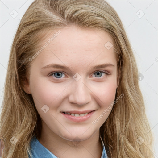 Joyful white young-adult female with long  brown hair and blue eyes