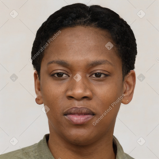 Neutral black young-adult female with short  black hair and brown eyes