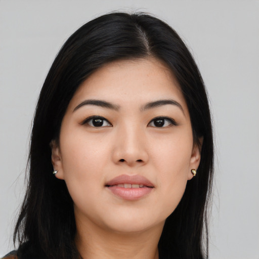 Neutral asian young-adult female with long  black hair and brown eyes