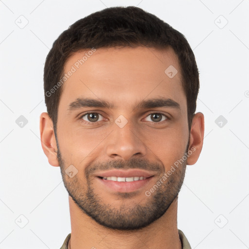 Joyful white young-adult male with short  brown hair and brown eyes