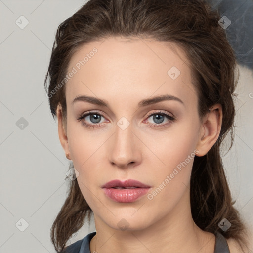 Neutral white young-adult female with medium  brown hair and grey eyes