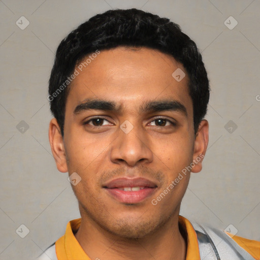 Joyful latino young-adult male with short  black hair and brown eyes