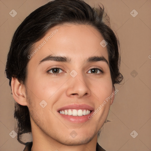 Joyful white young-adult male with medium  brown hair and brown eyes