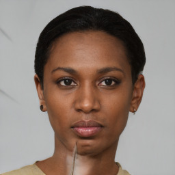 Neutral black young-adult female with short  black hair and brown eyes