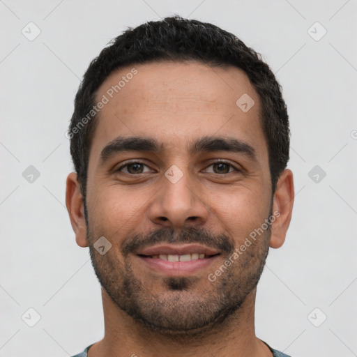 Neutral latino young-adult male with short  black hair and brown eyes