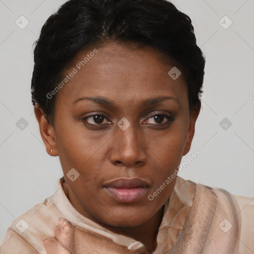Neutral black young-adult female with short  brown hair and brown eyes