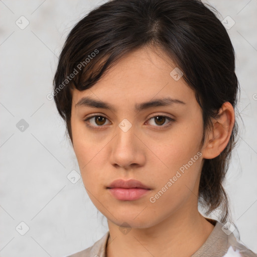 Neutral white young-adult female with medium  brown hair and brown eyes