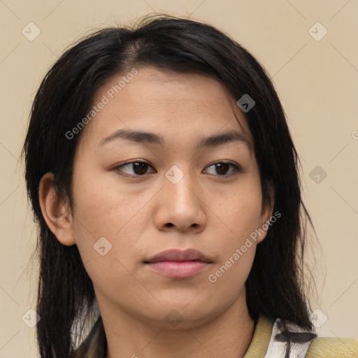 Neutral asian young-adult female with medium  brown hair and brown eyes