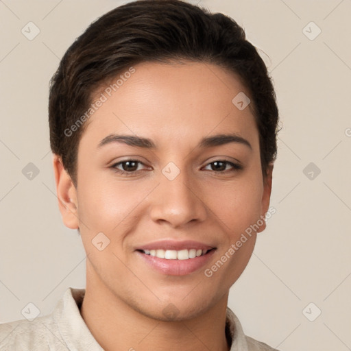 Joyful white young-adult female with short  brown hair and brown eyes