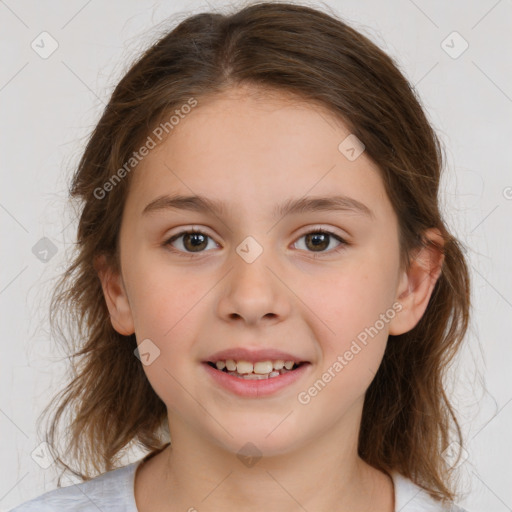 Joyful white child female with medium  brown hair and brown eyes