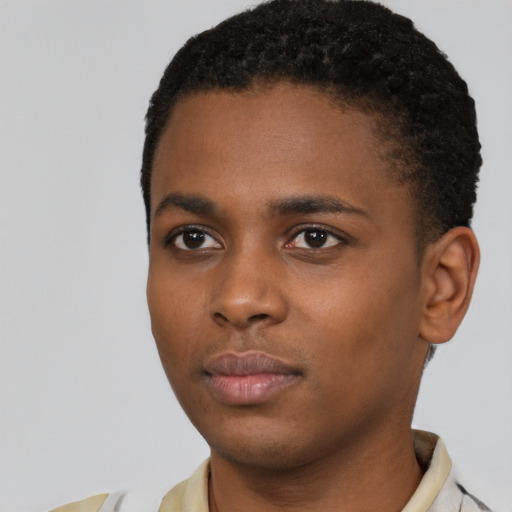 Neutral black young-adult male with short  black hair and brown eyes