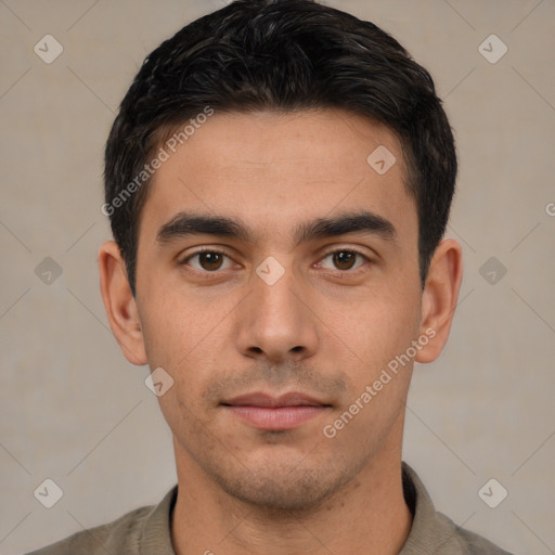 Neutral white young-adult male with short  black hair and brown eyes