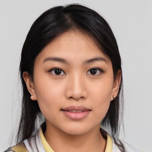 Neutral asian young-adult female with medium  black hair and brown eyes