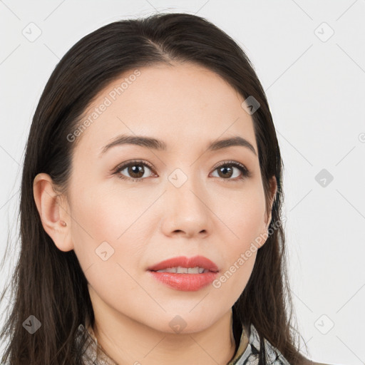 Neutral white young-adult female with long  brown hair and brown eyes