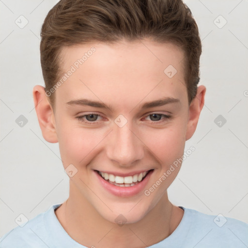 Joyful white young-adult female with short  brown hair and grey eyes