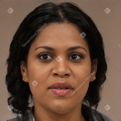 Joyful black young-adult female with medium  brown hair and brown eyes