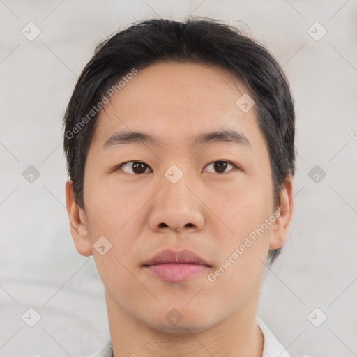 Neutral asian young-adult male with short  brown hair and brown eyes