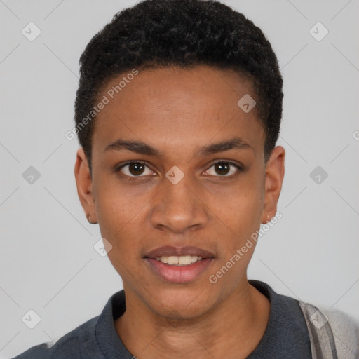 Joyful black young-adult male with short  black hair and brown eyes