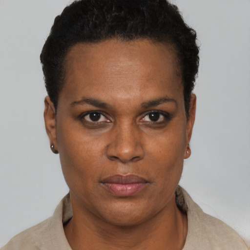 Neutral black young-adult female with short  black hair and brown eyes