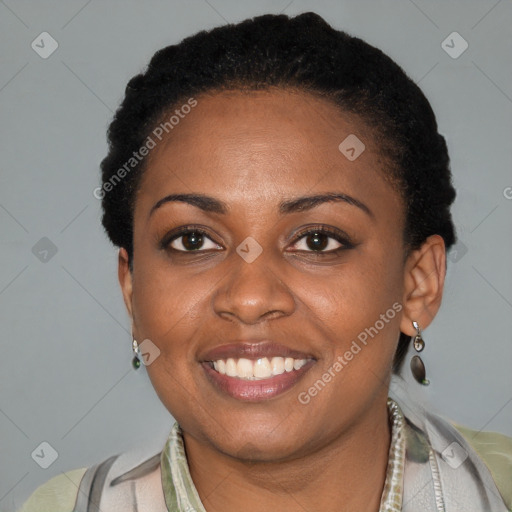 Joyful black adult female with short  black hair and brown eyes