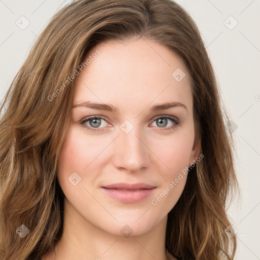 Joyful white young-adult female with long  brown hair and green eyes