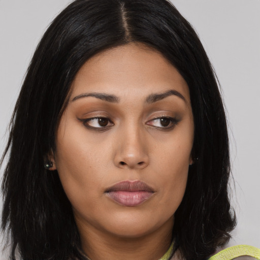 Neutral asian young-adult female with long  black hair and brown eyes