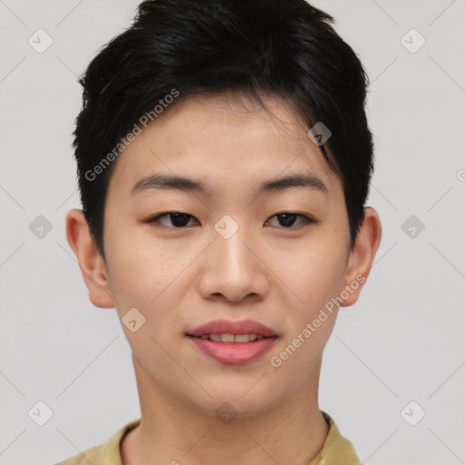 Joyful asian young-adult female with short  brown hair and brown eyes