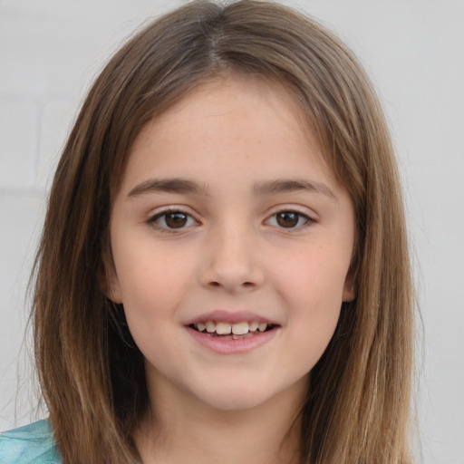 Joyful white child female with medium  brown hair and brown eyes