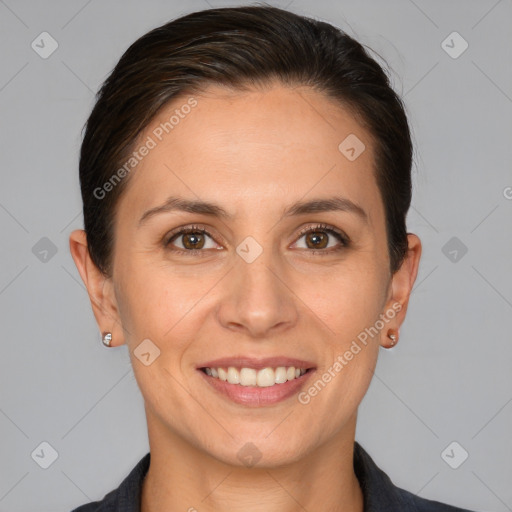 Joyful white young-adult female with short  brown hair and brown eyes