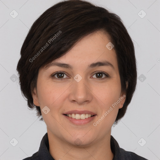 Joyful white young-adult female with medium  brown hair and brown eyes