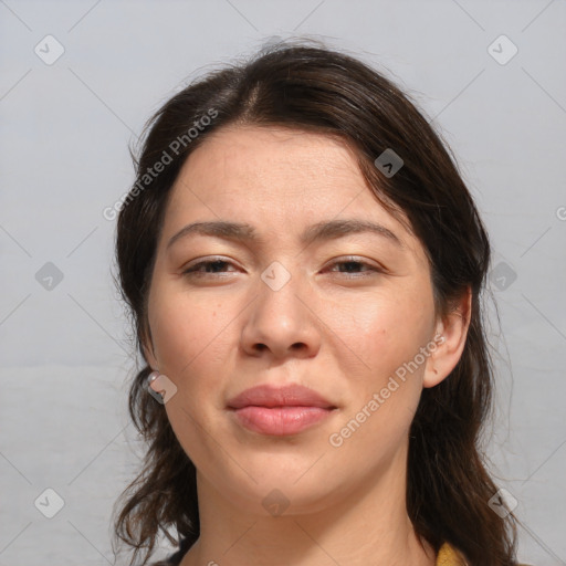 Joyful white young-adult female with medium  brown hair and brown eyes