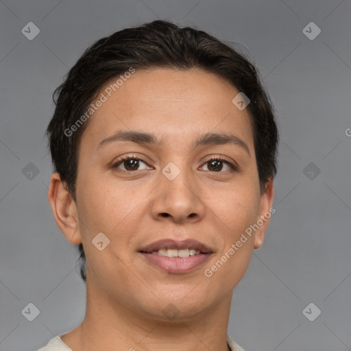 Joyful white young-adult female with short  brown hair and brown eyes