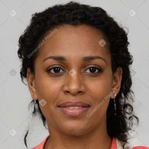 Joyful black young-adult female with medium  brown hair and brown eyes