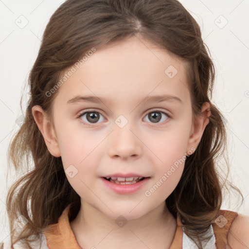 Joyful white child female with medium  brown hair and blue eyes