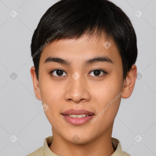 Joyful asian young-adult male with short  brown hair and brown eyes