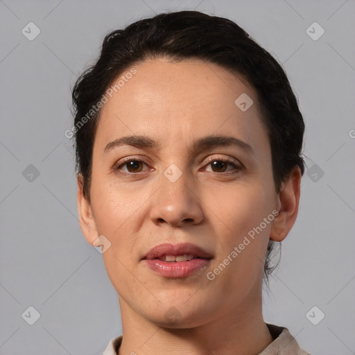 Joyful white young-adult female with short  black hair and brown eyes