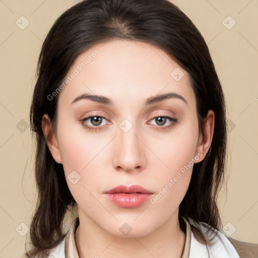 Neutral white young-adult female with medium  brown hair and brown eyes