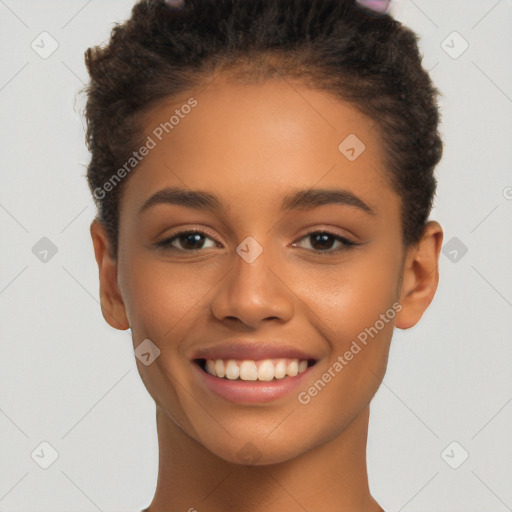 Joyful latino young-adult female with short  brown hair and brown eyes