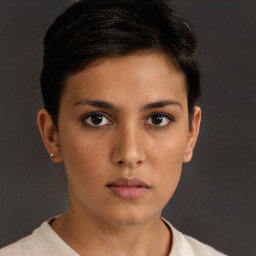 Neutral white young-adult female with short  brown hair and brown eyes