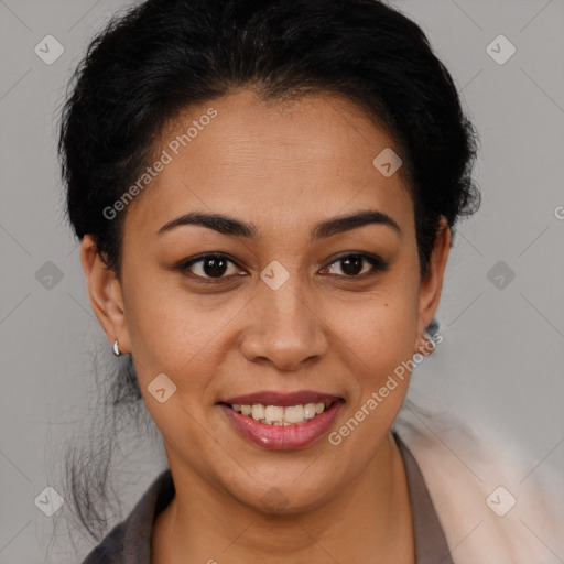 Joyful latino young-adult female with medium  brown hair and brown eyes