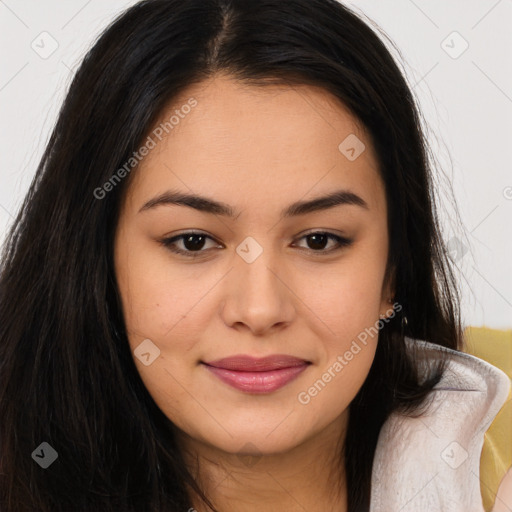 Joyful asian young-adult female with long  brown hair and brown eyes