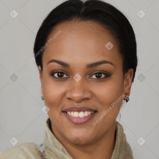 Joyful latino young-adult female with long  brown hair and brown eyes